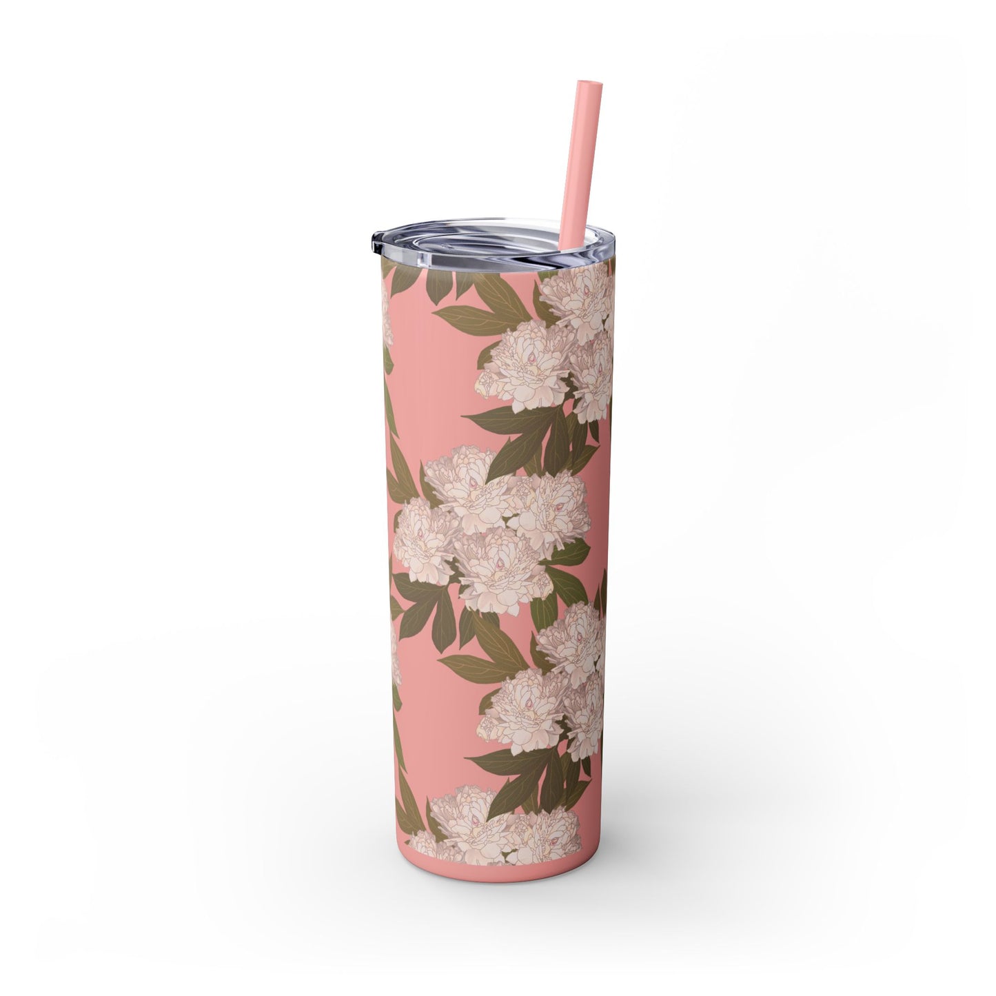 Floral Skinny Tumbler with Straw, 20oz featuring Rachel's Peonies© in a variety of colors and finishes. Easy to Hold Skinny Tumbler, Elegant Drinkware for Home, Office, Wedding, Gifts, and Daily Use
