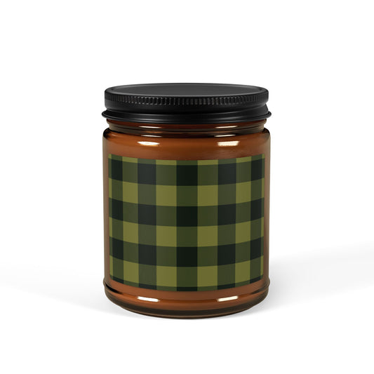 Rustic Plaid Scented Soy Candle, Olive, Cozy Home Decor, Eco-Friendly Gift, Green Checkered Pattern, Relaxation & Aromatherapy.