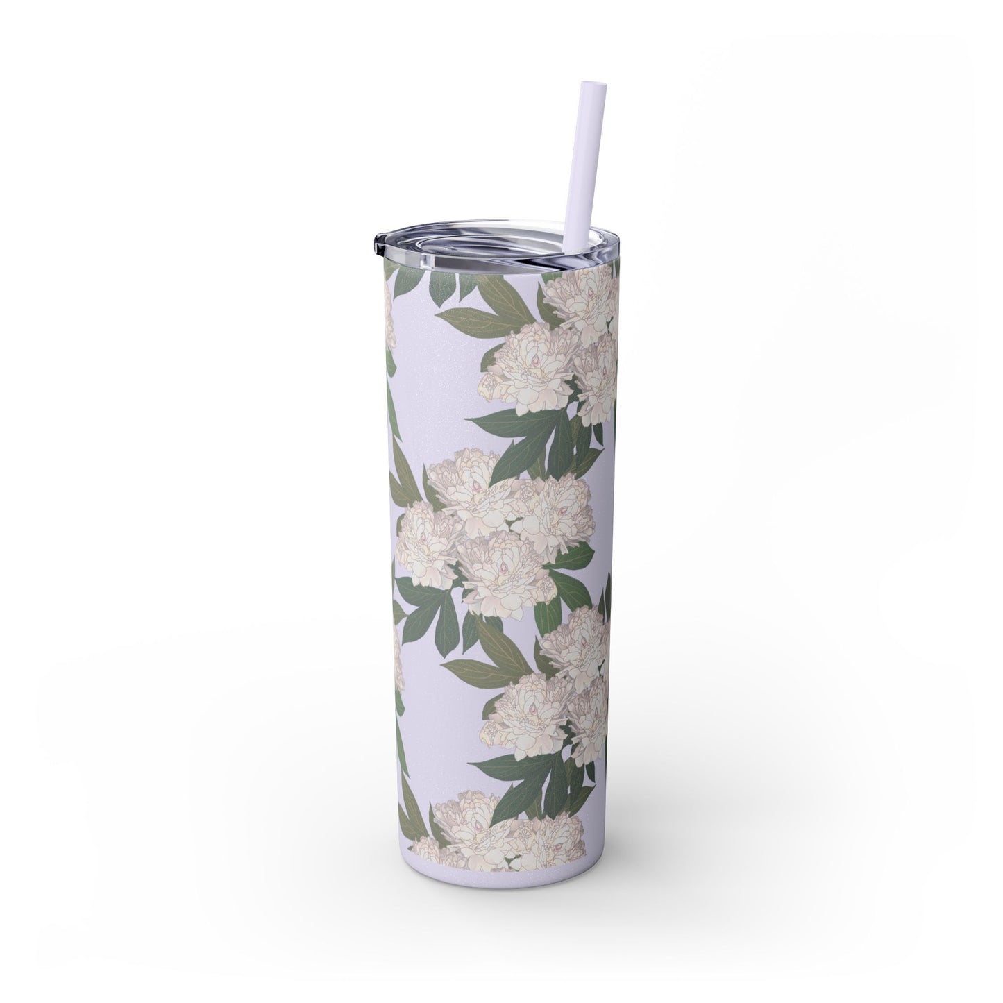 Floral Skinny Tumbler with Straw, 20oz featuring Rachel's Peonies© in a variety of colors and finishes. Easy to Hold Skinny Tumbler, Elegant Drinkware for Home, Office, Wedding, Gifts, and Daily Use