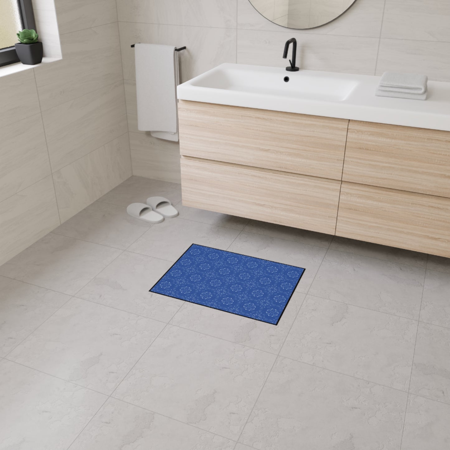 Elegant Heavy Duty Floor Mat for Home & Office, Featuring Batik Scatter© in Blue. Durable Area Mat, Non-Slip Rug for Entrances, Kitchen, and Patio, Perfect Gift for New Home