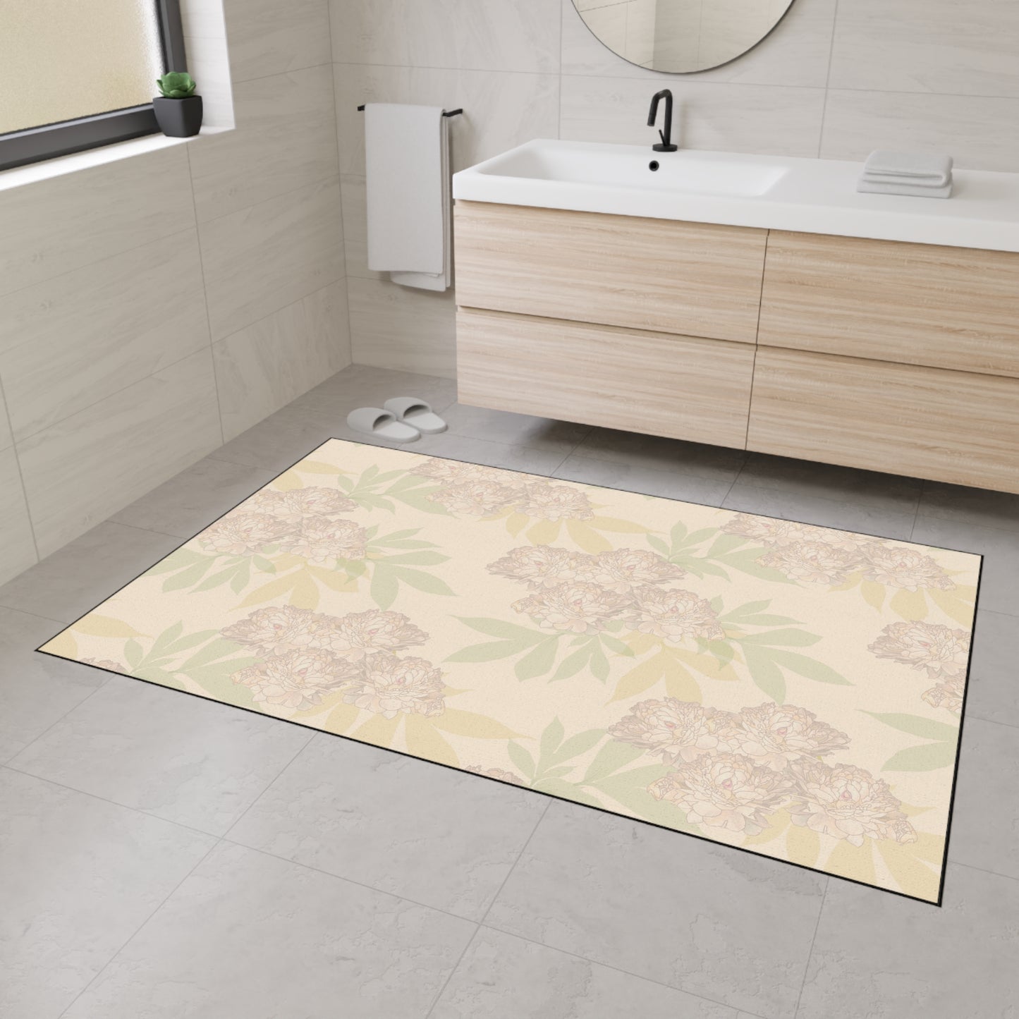 Spacious Floral-Patterned Heavy Duty Floor Mat Featuring Rachel's Peonies© in Blush for Home Decor, Kitchen, Entryway,