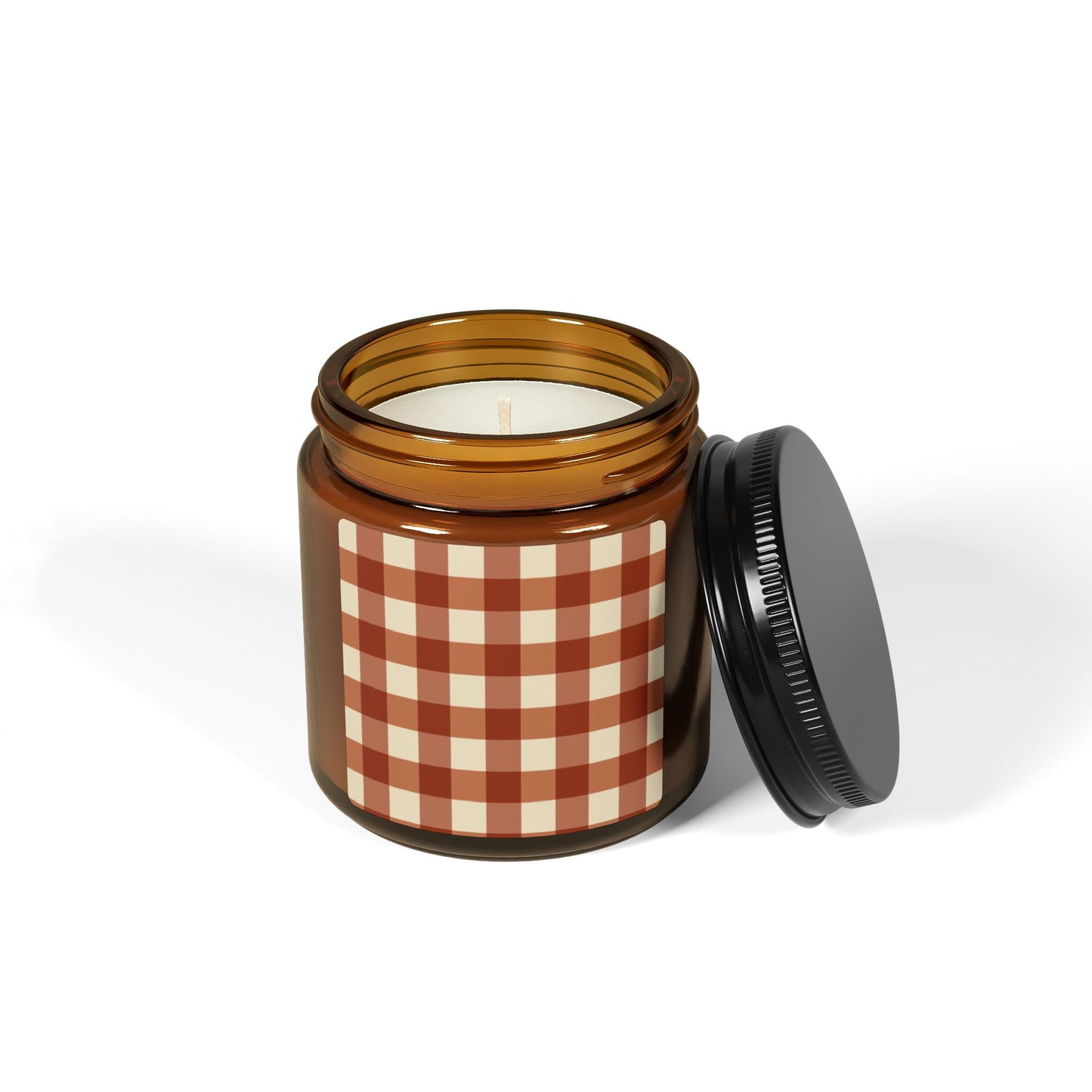 Cozy Amber Jar Candle with Cinnamon Gingham Design, Rustic Home Decor, Scented Candle for Relaxation, Gifts for Housewarming, Decorative Candle