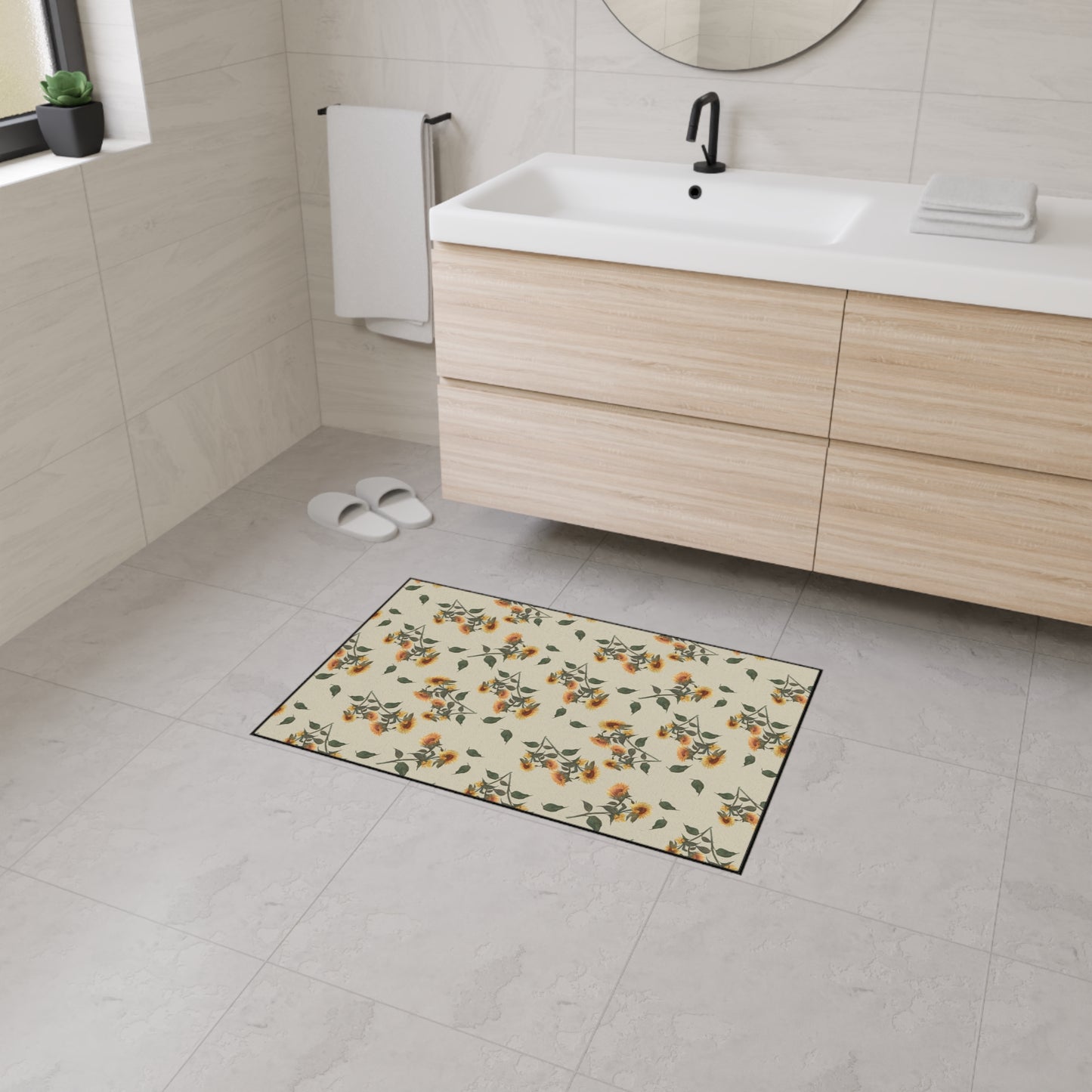 Floral Heavy Duty Floor Mat | Sunflower Debut© Manchest Tan, Durable Home Decor, Entryway Rug, Kitchen Mat, Non-Slip Area Rug