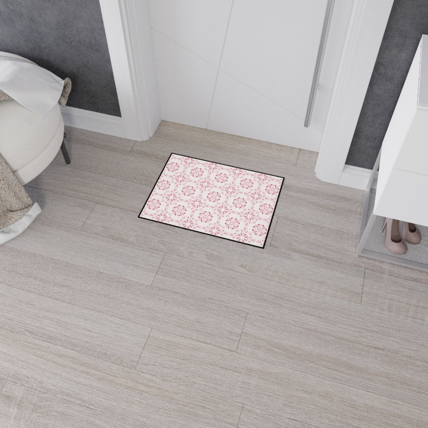 Elegant Heavy Duty Floor Mat Featuring Batik Scatter© in Red and White. Durable Entry Rug, Kitchen Mat, Home Decor, Modern Floor Covering, Decorative Area Rug