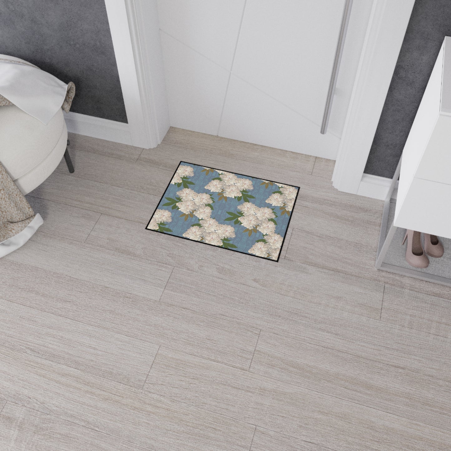 Stylish Heavy Duty Floor Mat, Featuring Rachel's Peonies© in Cornflower Blue. Durable & Elegant Home Decor, Entryway Rugs, Kitchen Mats, Floral Pattern, Versatile & Functional