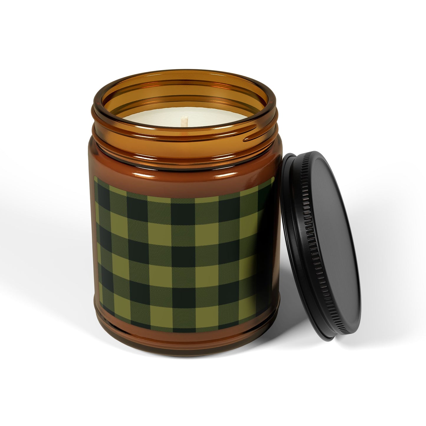 Rustic Plaid Scented Soy Candle, Olive, Cozy Home Decor, Eco-Friendly Gift, Green Checkered Pattern, Relaxation & Aromatherapy.