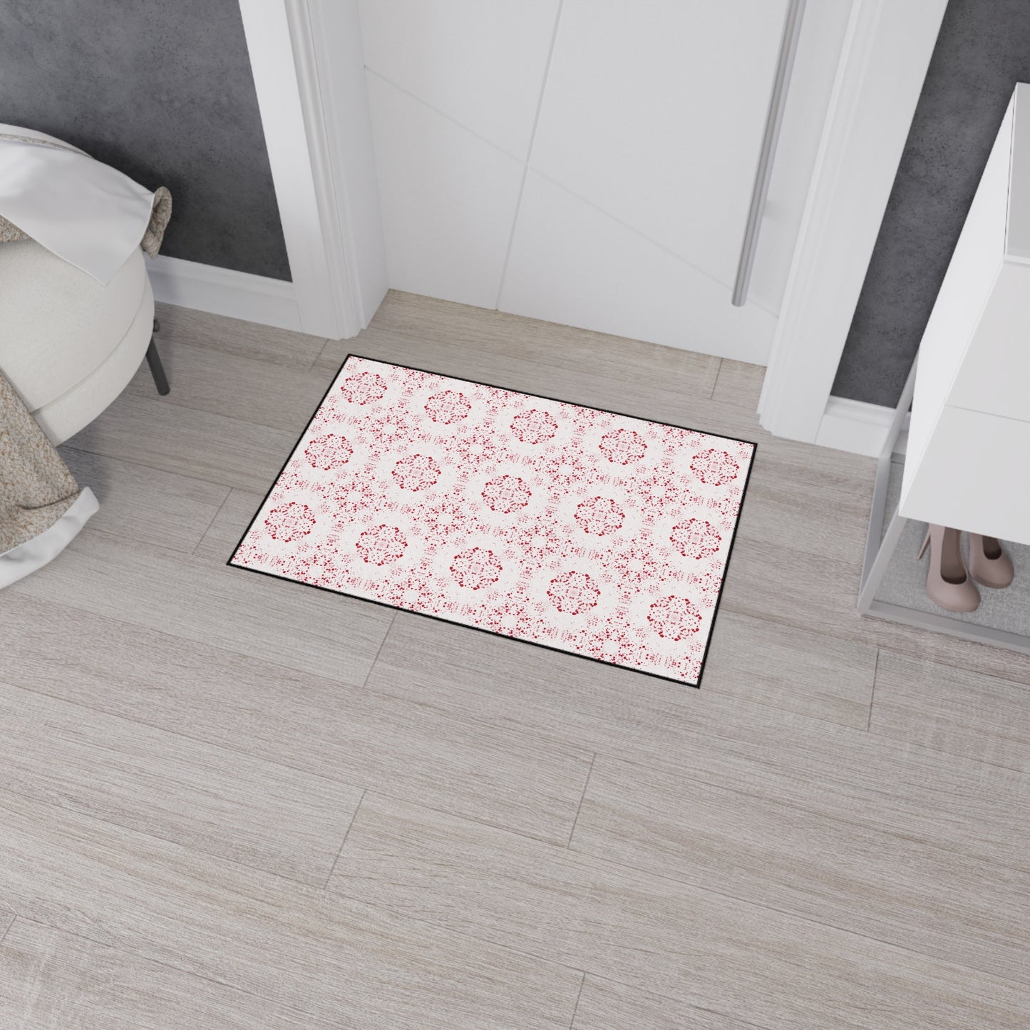 Elegant Heavy Duty Floor Mat Featuring Batik Scatter© in Red and White. Durable Entry Rug, Kitchen Mat, Home Decor, Modern Floor Covering, Decorative Area Rug