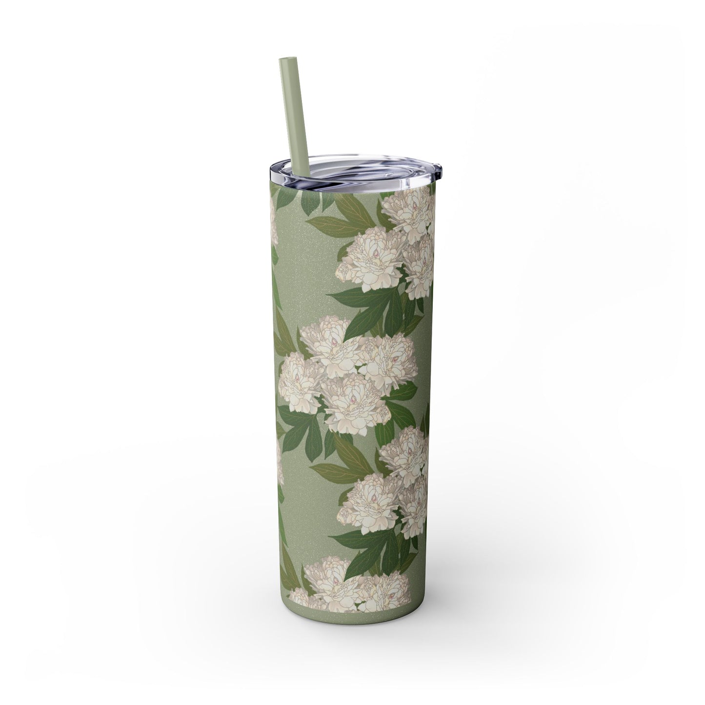 Floral Skinny Tumbler with Straw, 20oz featuring Rachel's Peonies© in a variety of colors and finishes. Easy to Hold Skinny Tumbler, Elegant Drinkware for Home, Office, Wedding, Gifts, and Daily Use
