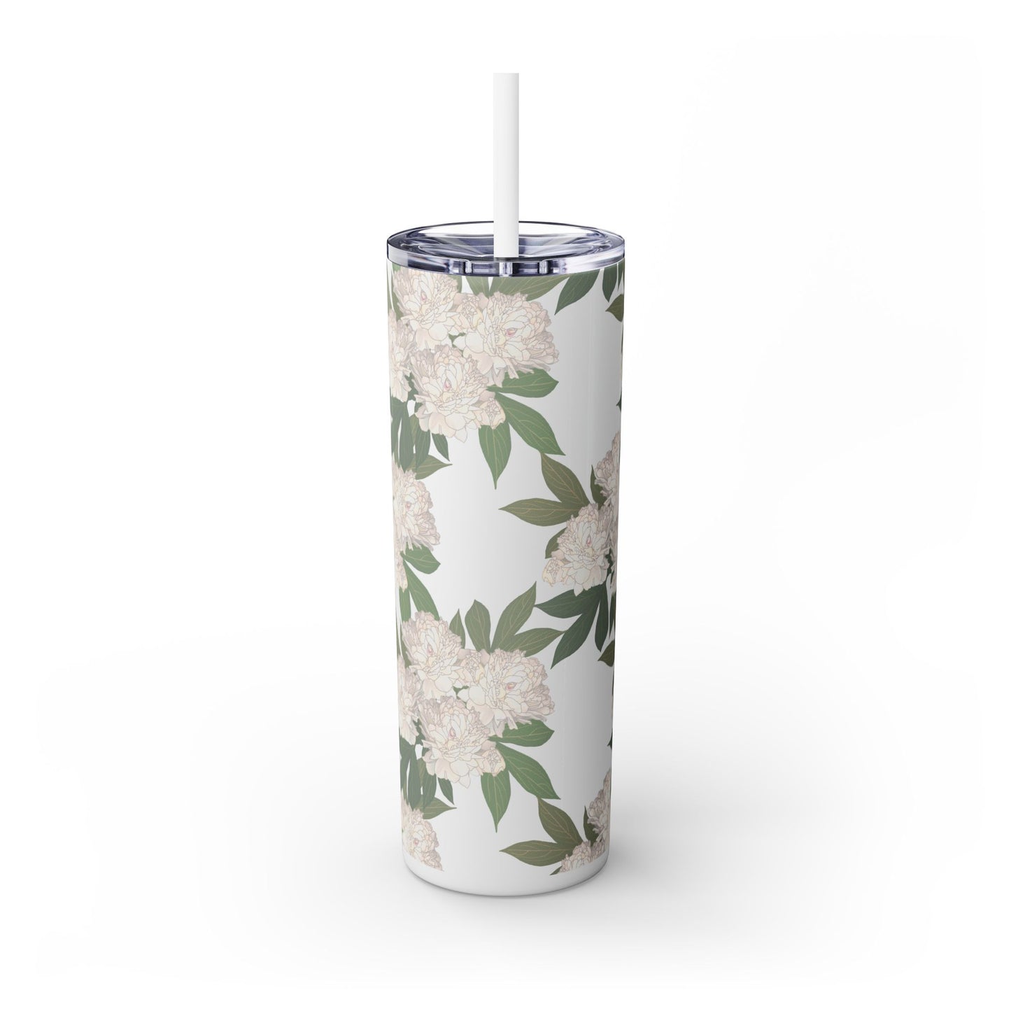 Floral Skinny Tumbler with Straw, 20oz featuring Rachel's Peonies© in a variety of colors and finishes. Easy to Hold Skinny Tumbler, Elegant Drinkware for Home, Office, Wedding, Gifts, and Daily Use
