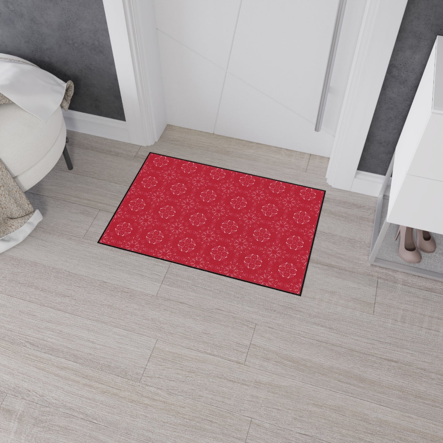 Durable elegant Floor Mat for Home Decor, Kitchen Rug, Featuring Batik Scatter© in Red. Non-Slip Entryway Mat, Beautiful Patterned Mats, Gift for Housewarming