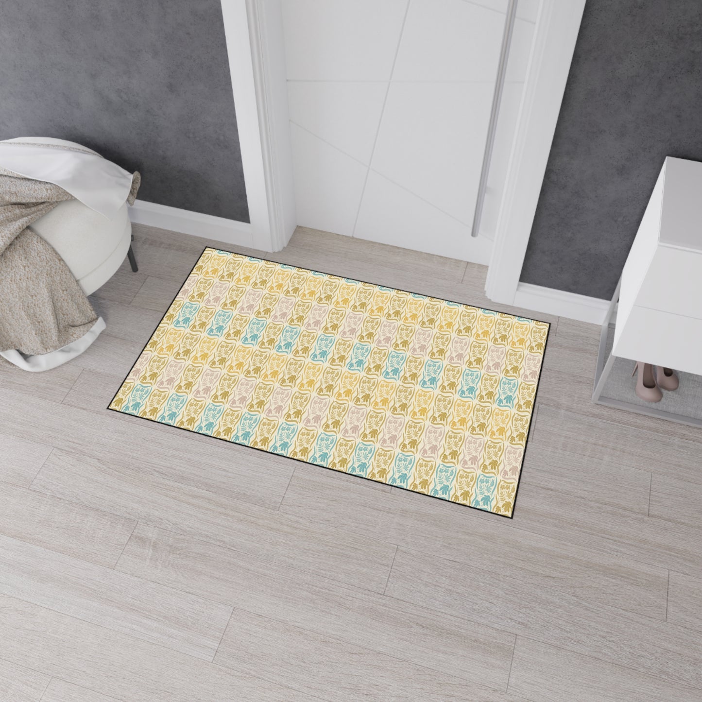 Stylish Heavy Duty Floor Mat for Home & Office | Boho Floral Block Print© Blue and Yellow, Durable Entryway Rug, Non-Slip Mat,