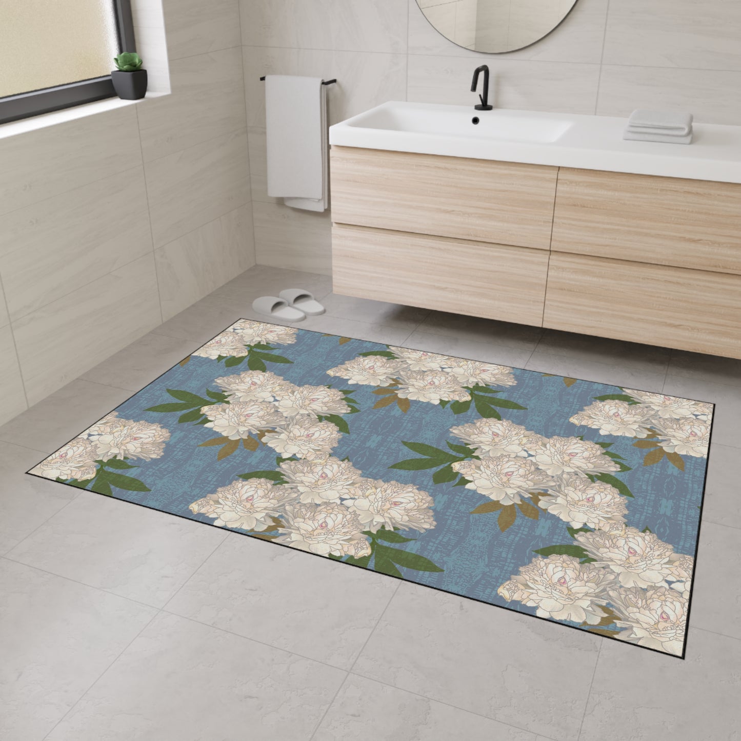 Stylish Heavy Duty Floor Mat, Featuring Rachel's Peonies© in Cornflower Blue. Durable & Elegant Home Decor, Entryway Rugs, Kitchen Mats, Floral Pattern, Versatile & Functional