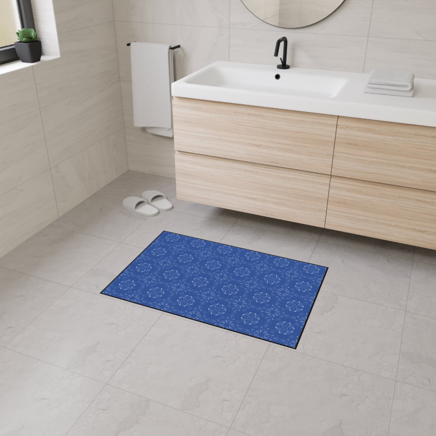 Elegant Heavy Duty Floor Mat for Home & Office, Featuring Batik Scatter© in Blue. Durable Area Mat, Non-Slip Rug for Entrances, Kitchen, and Patio, Perfect Gift for New Home