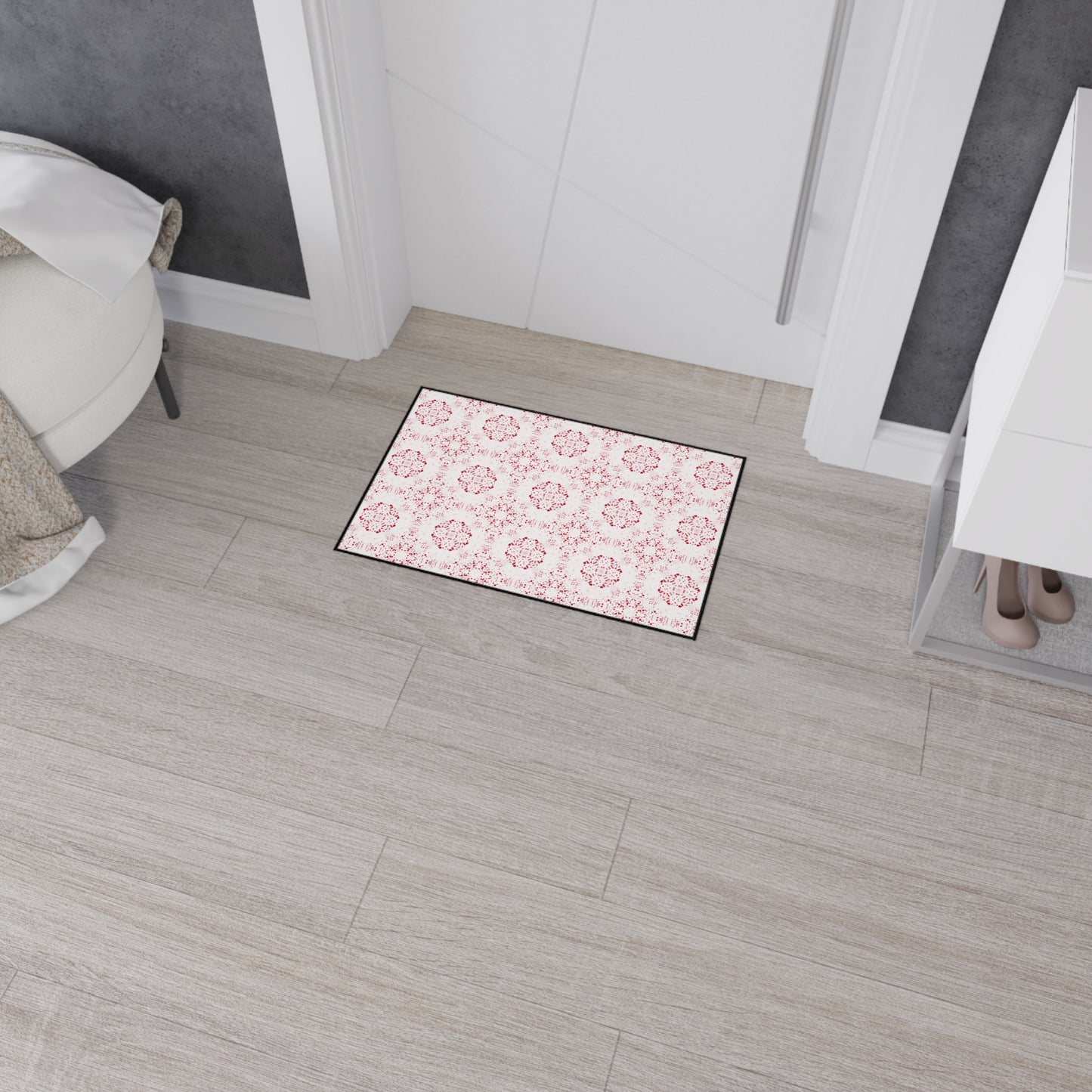 Elegant Heavy Duty Floor Mat Featuring Batik Scatter© in Red and White. Durable Entry Rug, Kitchen Mat, Home Decor, Modern Floor Covering, Decorative Area Rug
