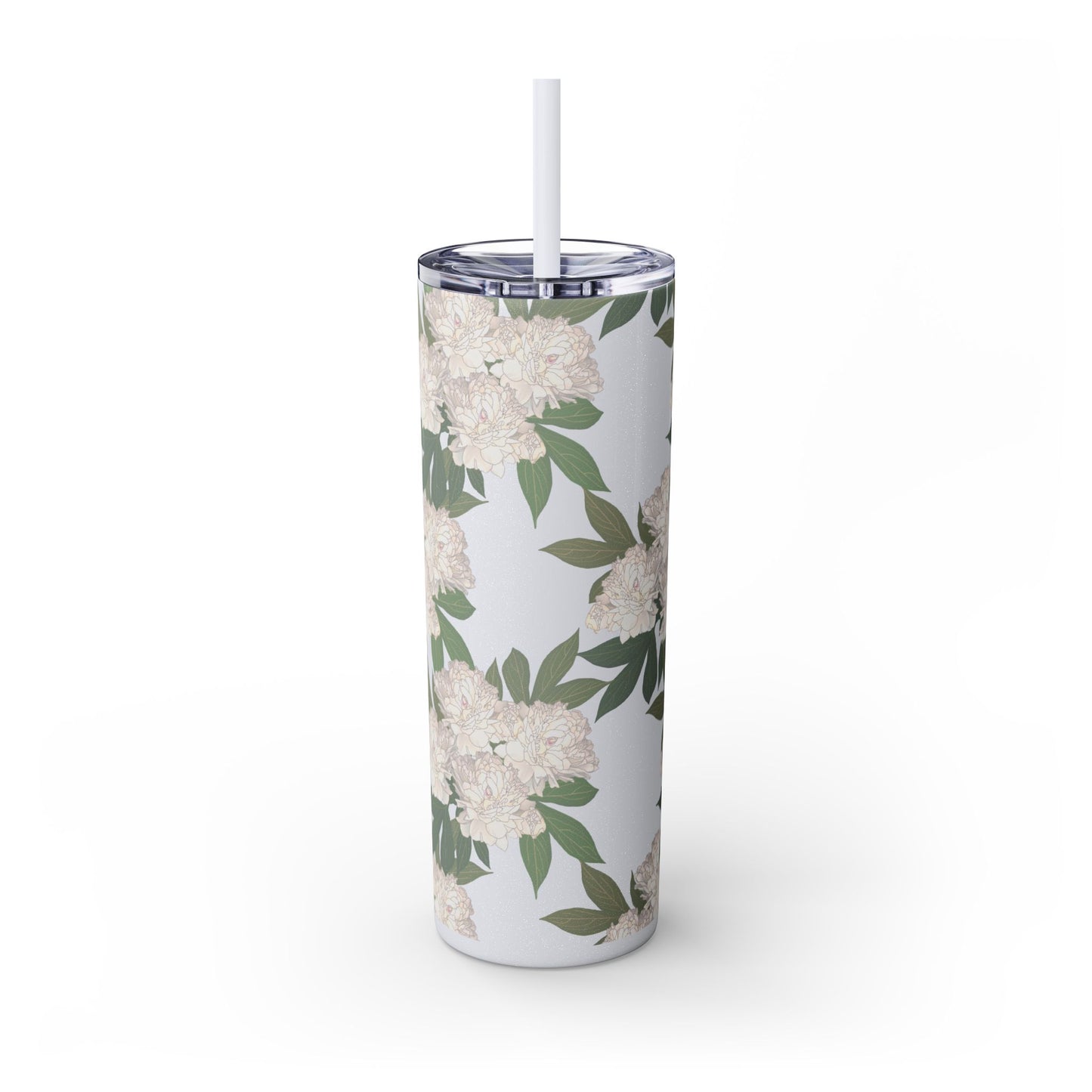 Floral Skinny Tumbler with Straw, 20oz featuring Rachel's Peonies© in a variety of colors and finishes. Easy to Hold Skinny Tumbler, Elegant Drinkware for Home, Office, Wedding, Gifts, and Daily Use