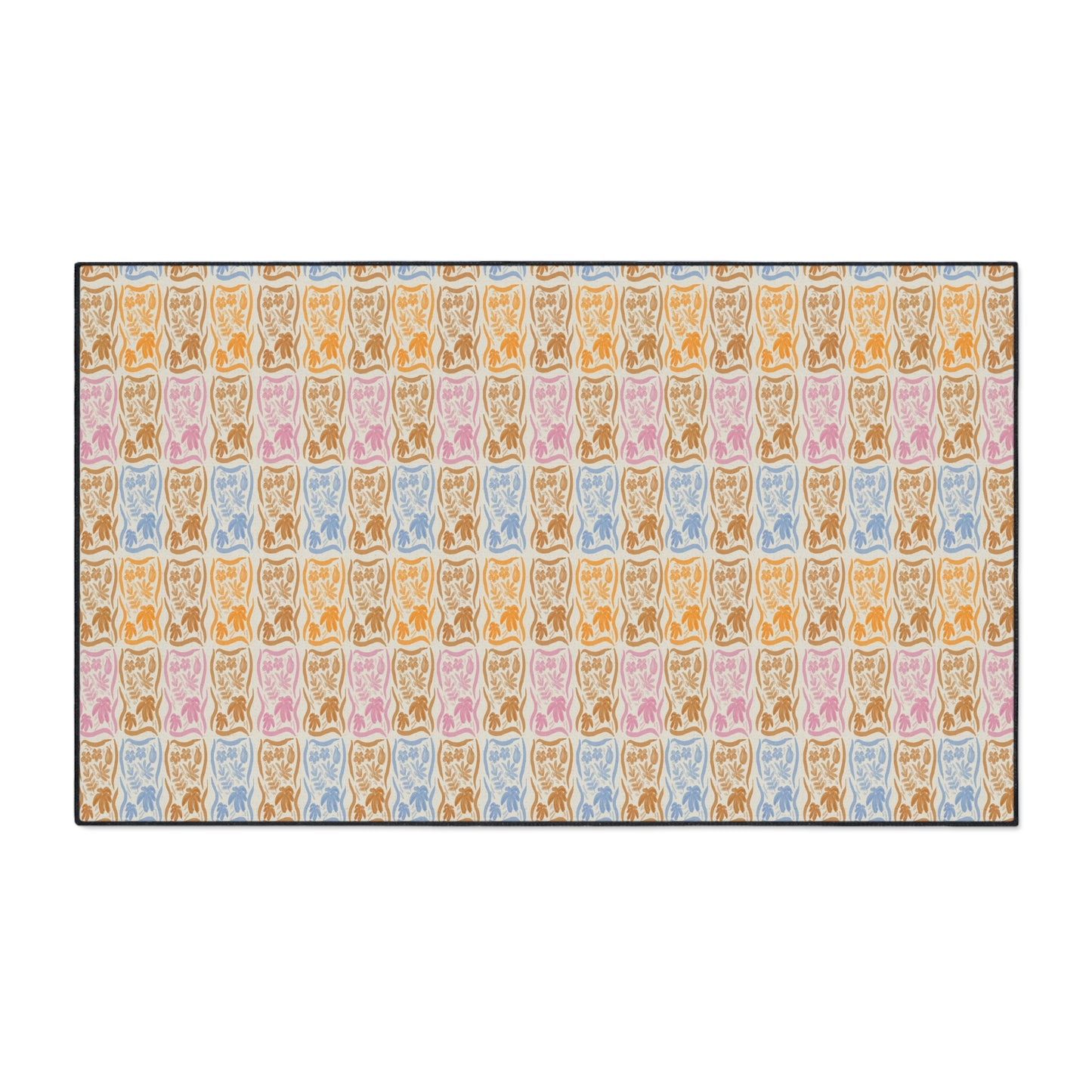 Stylish Heavy Duty Floor Mat - Boho Floral Block Print© Orange, Durable Entryway Rug, Non-Slip Doormat, Kitchen Floor Protector,
