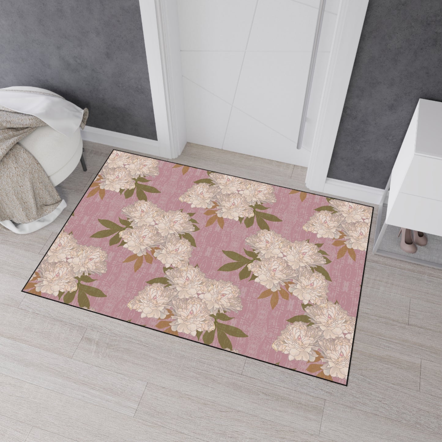 Floral Heavy Duty Floor Mat for Home Decor, Entryway Rug, Kitchen Pad, Durable Non-Slip Mat, Ideal for Weddings and Celebrations Featuring Rachel's Peonies© in Dusty Pink.