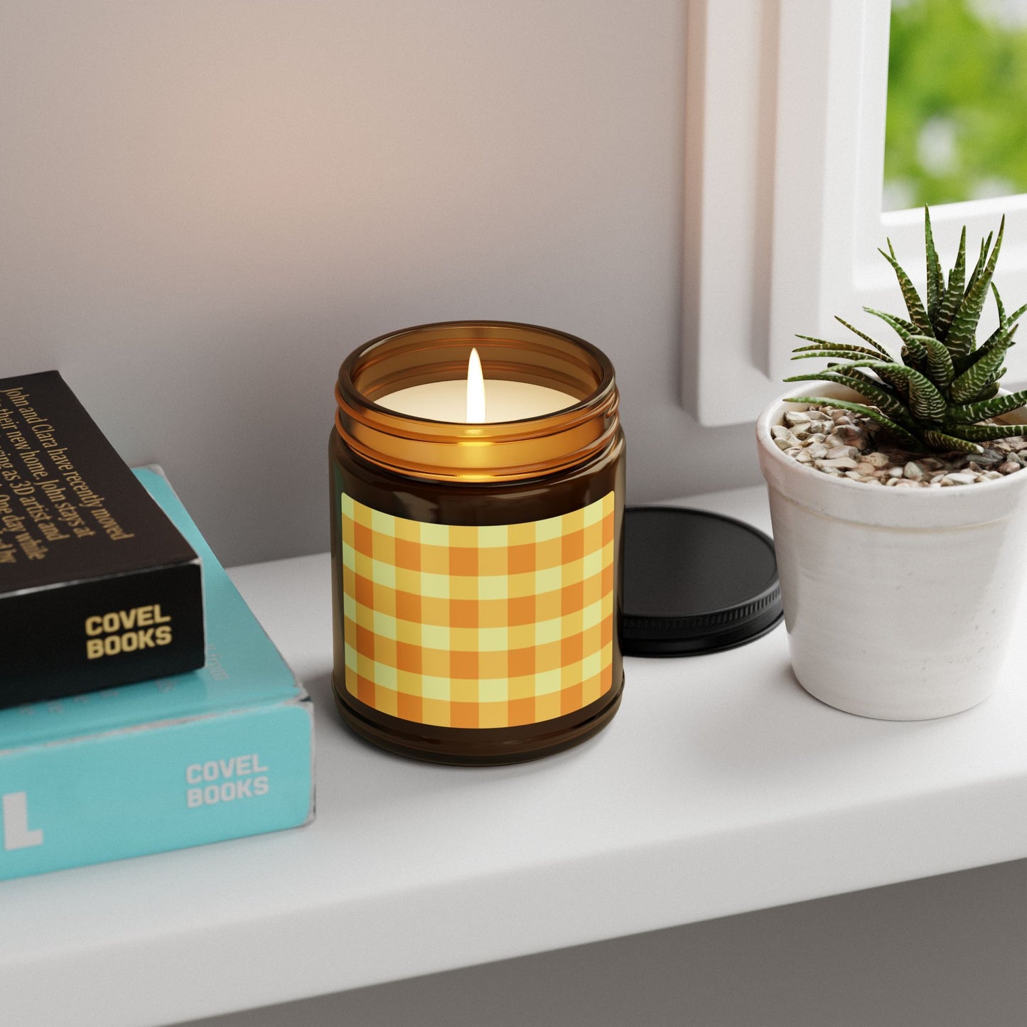 Cozy Scented Soy Candle, Orange Gingham Pattern Candle for Home Decor, Relaxation Gift, Aromatherapy Candle, Eco-Friendly Candle