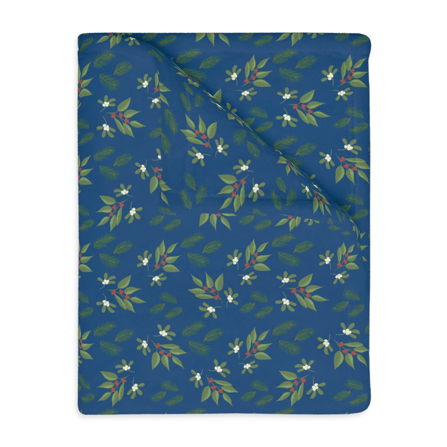 Velveteen Microfiber Blanket (Two-sided print) - Mistletoe, Berries and Sprigs, Dark Blue