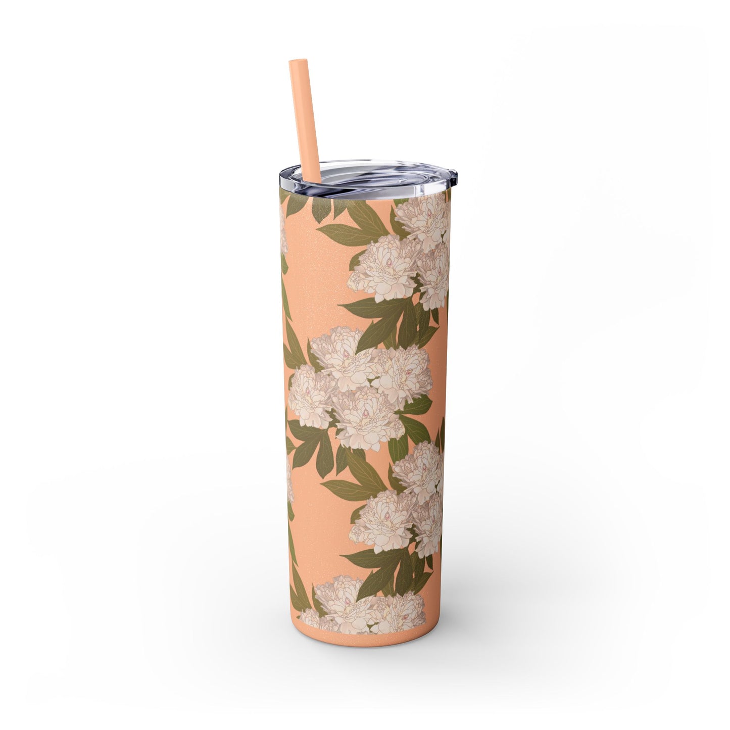 Floral Skinny Tumbler with Straw, 20oz featuring Rachel's Peonies© in a variety of colors and finishes. Easy to Hold Skinny Tumbler, Elegant Drinkware for Home, Office, Wedding, Gifts, and Daily Use