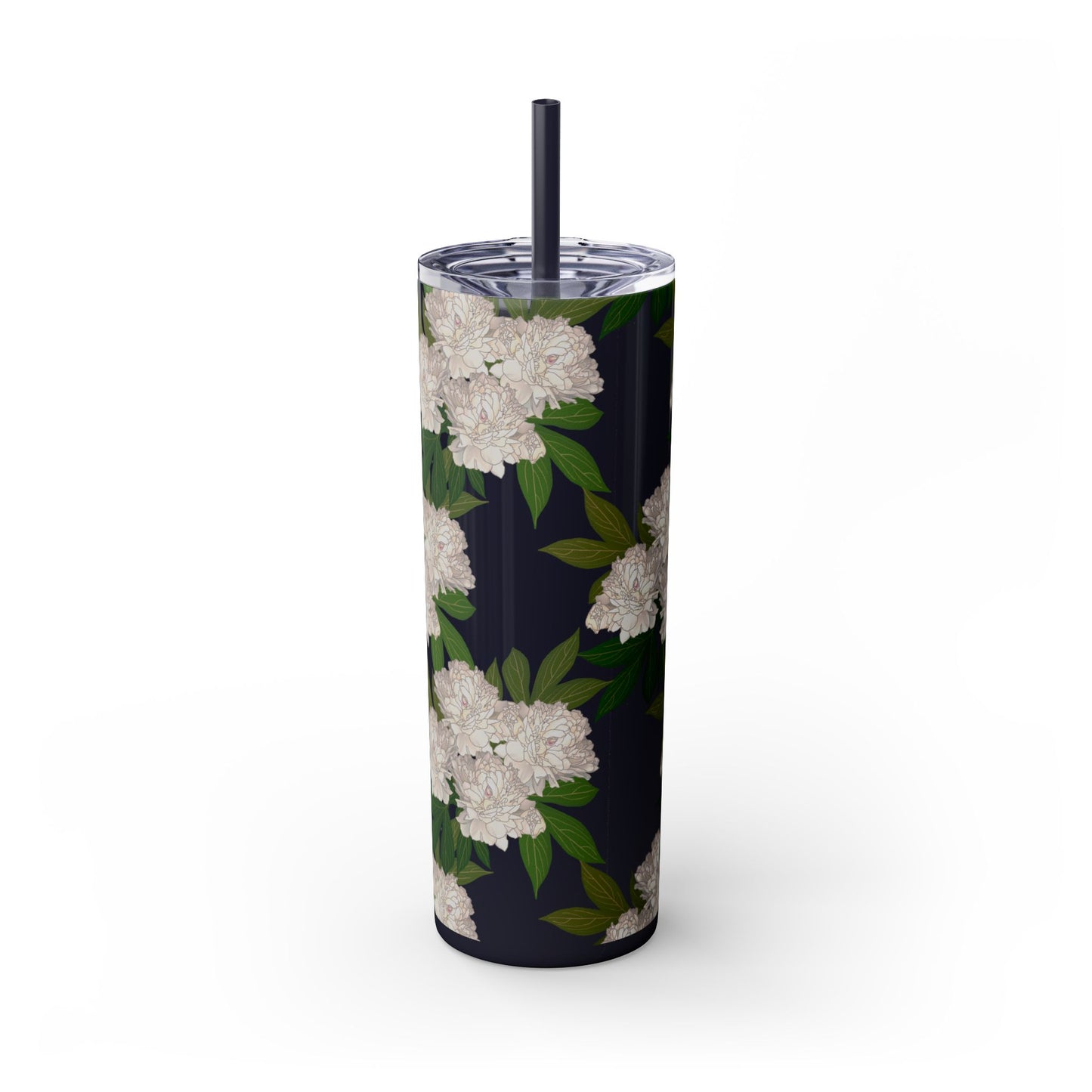 Floral Skinny Tumbler with Straw, 20oz featuring Rachel's Peonies© in a variety of colors and finishes. Easy to Hold Skinny Tumbler, Elegant Drinkware for Home, Office, Wedding, Gifts, and Daily Use