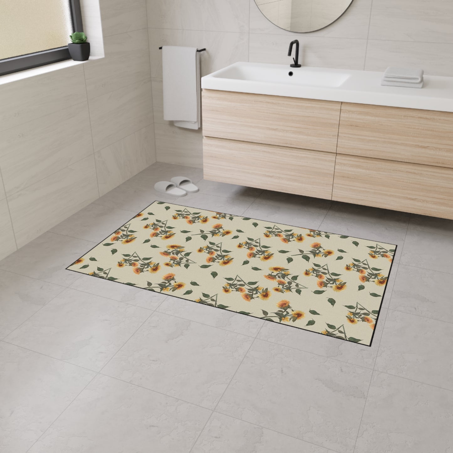 Floral Heavy Duty Floor Mat | Sunflower Debut© Manchest Tan, Durable Home Decor, Entryway Rug, Kitchen Mat, Non-Slip Area Rug