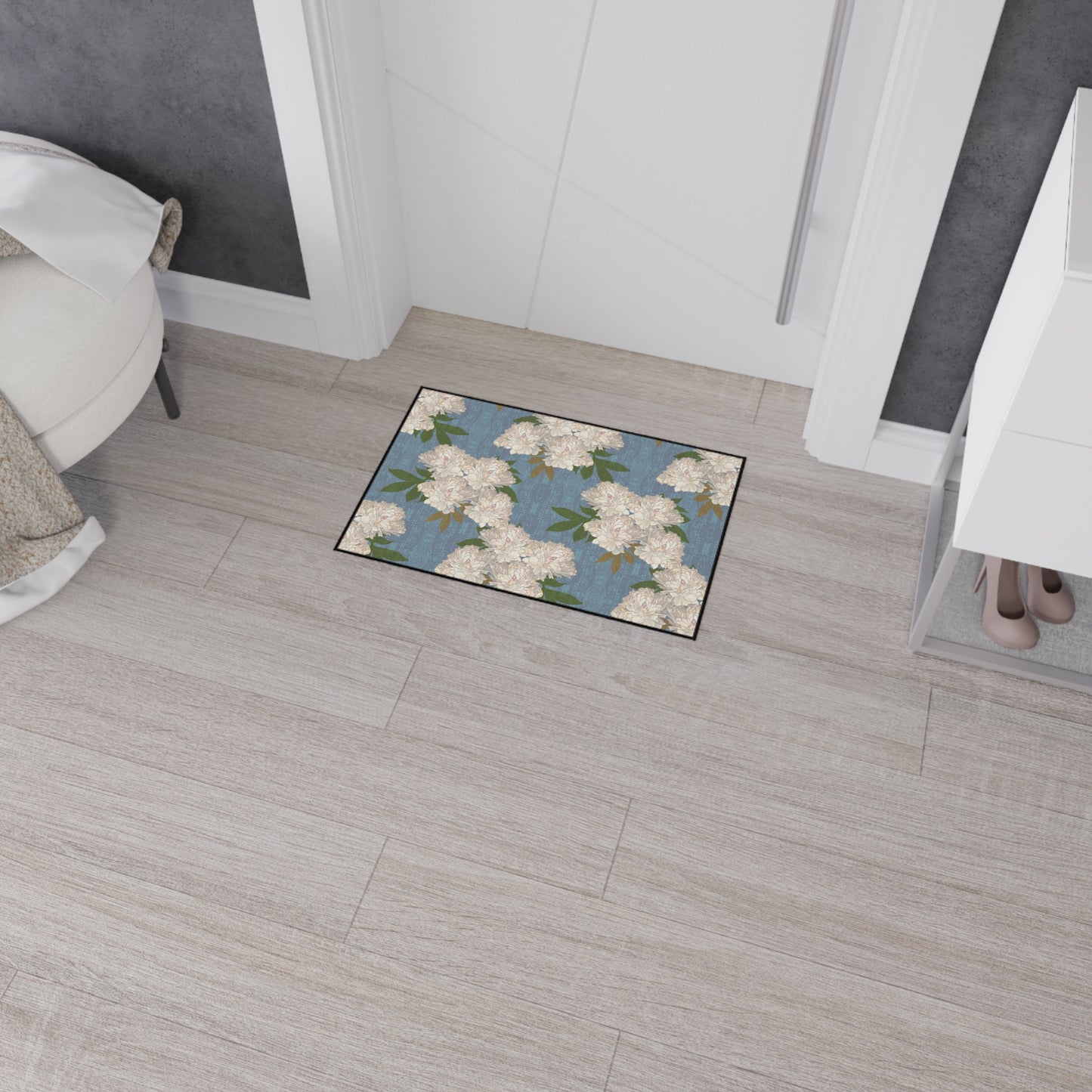 Stylish Heavy Duty Floor Mat, Featuring Rachel's Peonies© in Cornflower Blue. Durable & Elegant Home Decor, Entryway Rugs, Kitchen Mats, Floral Pattern, Versatile & Functional