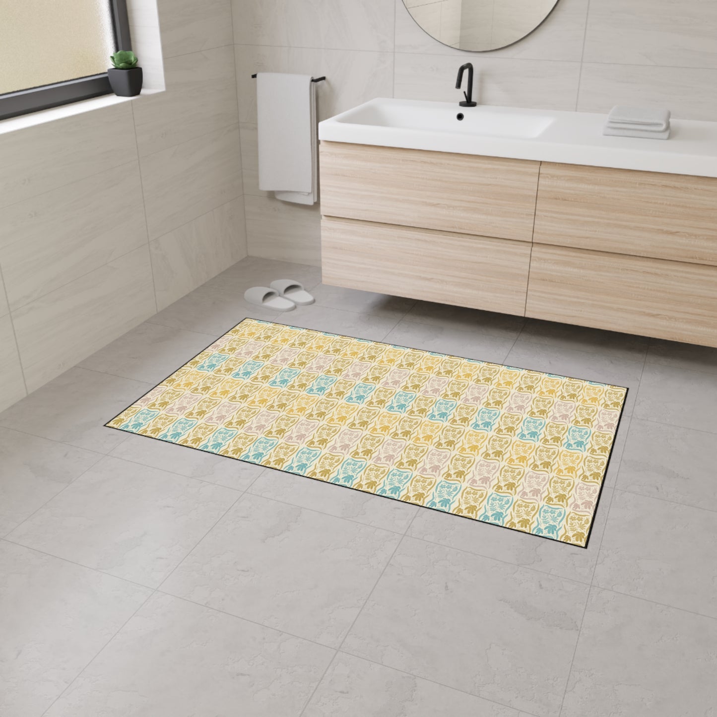 Stylish Heavy Duty Floor Mat for Home & Office | Boho Floral Block Print© Blue and Yellow, Durable Entryway Rug, Non-Slip Mat,