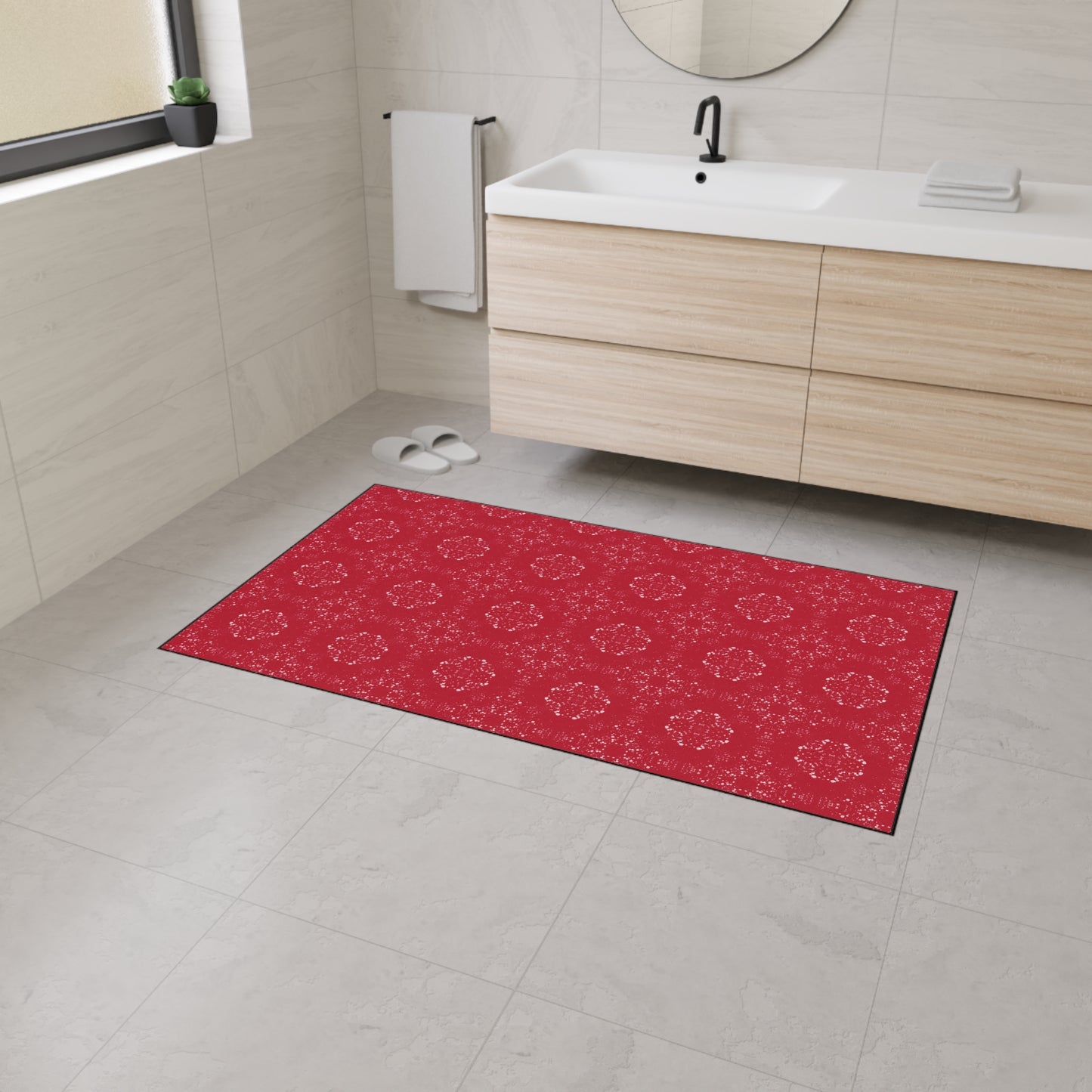Durable elegant Floor Mat for Home Decor, Kitchen Rug, Featuring Batik Scatter© in Red. Non-Slip Entryway Mat, Beautiful Patterned Mats, Gift for Housewarming