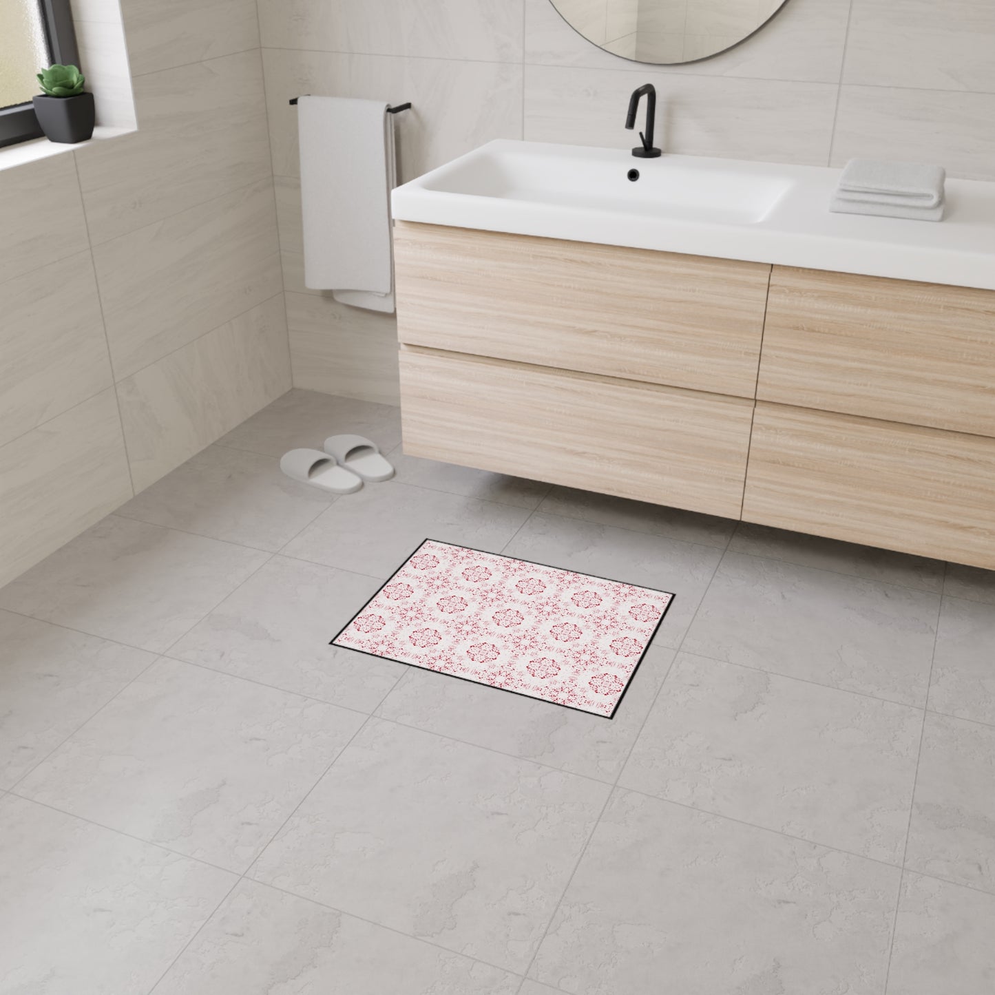 Elegant Heavy Duty Floor Mat Featuring Batik Scatter© in Red and White. Durable Entry Rug, Kitchen Mat, Home Decor, Modern Floor Covering, Decorative Area Rug