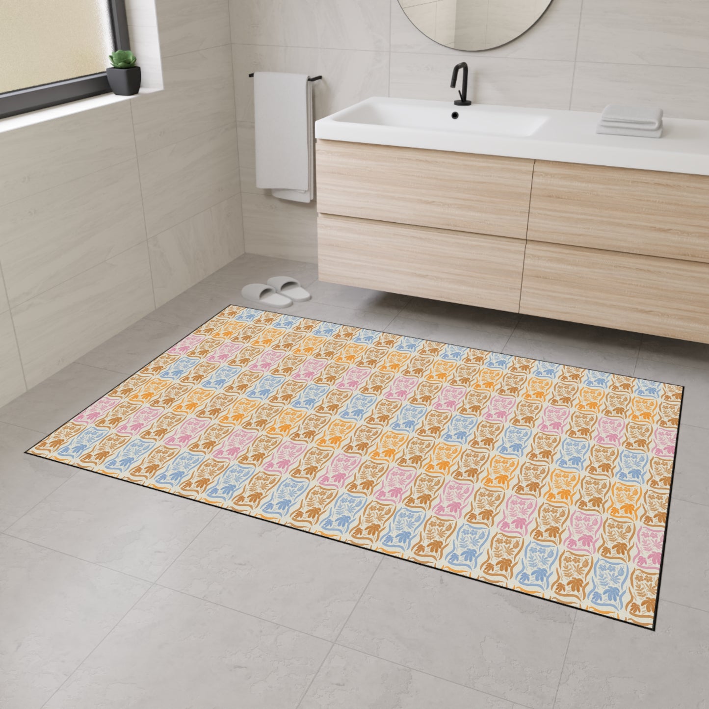 Stylish Heavy Duty Floor Mat - Boho Floral Block Print© Orange, Durable Entryway Rug, Non-Slip Doormat, Kitchen Floor Protector,