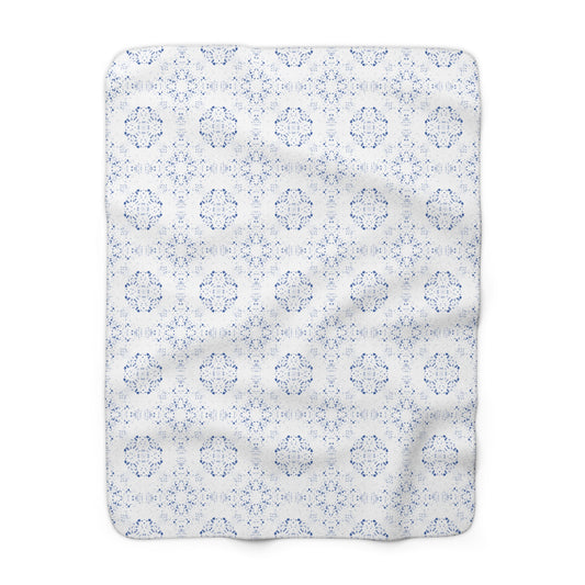 Sherpa Fleece Blanket - Batik Scatter, Blue and White