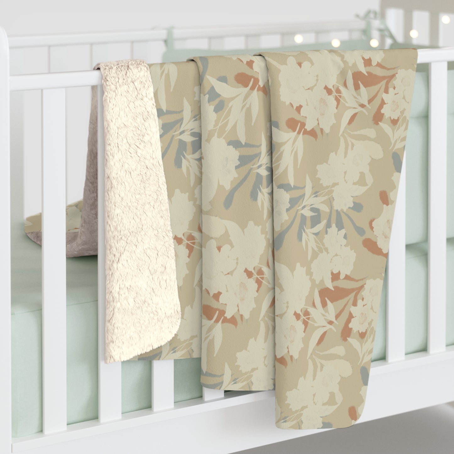 Cozy Floral Sherpa Fleece Blanket featuring Elaine© Soft Neutral Floral Print with Painterly Brushstrokes in Cream, Dusty Blue & Terracotta Accents