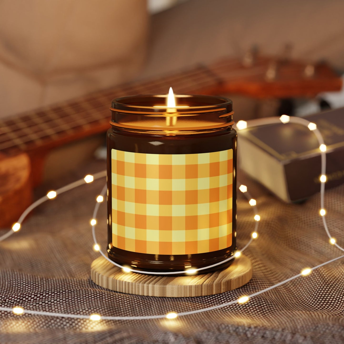 Cozy Scented Soy Candle, Orange Gingham Pattern Candle for Home Decor, Relaxation Gift, Aromatherapy Candle, Eco-Friendly Candle