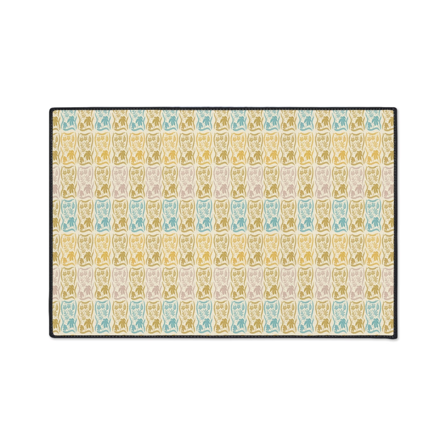 Stylish Heavy Duty Floor Mat for Home & Office | Boho Floral Block Print© Blue and Yellow, Durable Entryway Rug, Non-Slip Mat,