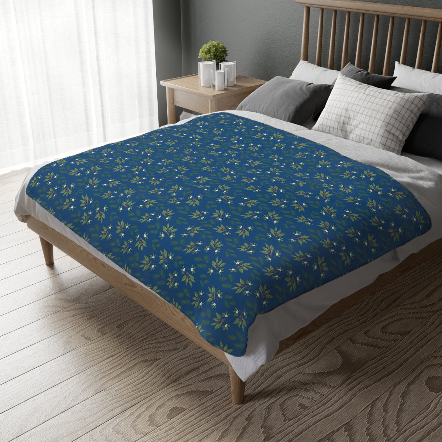 Velveteen Microfiber Blanket (Two-sided print) - Mistletoe, Berries and Sprigs, Dark Blue