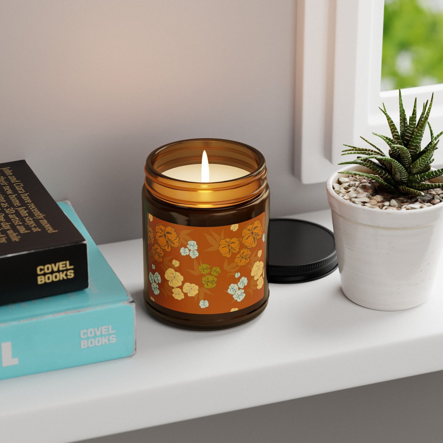 Textured Floral© Deep Orange, Scented Soy Candle in Amber Jar, Featuring Cozy Textured Floral© Autumn Design Aroma Candle