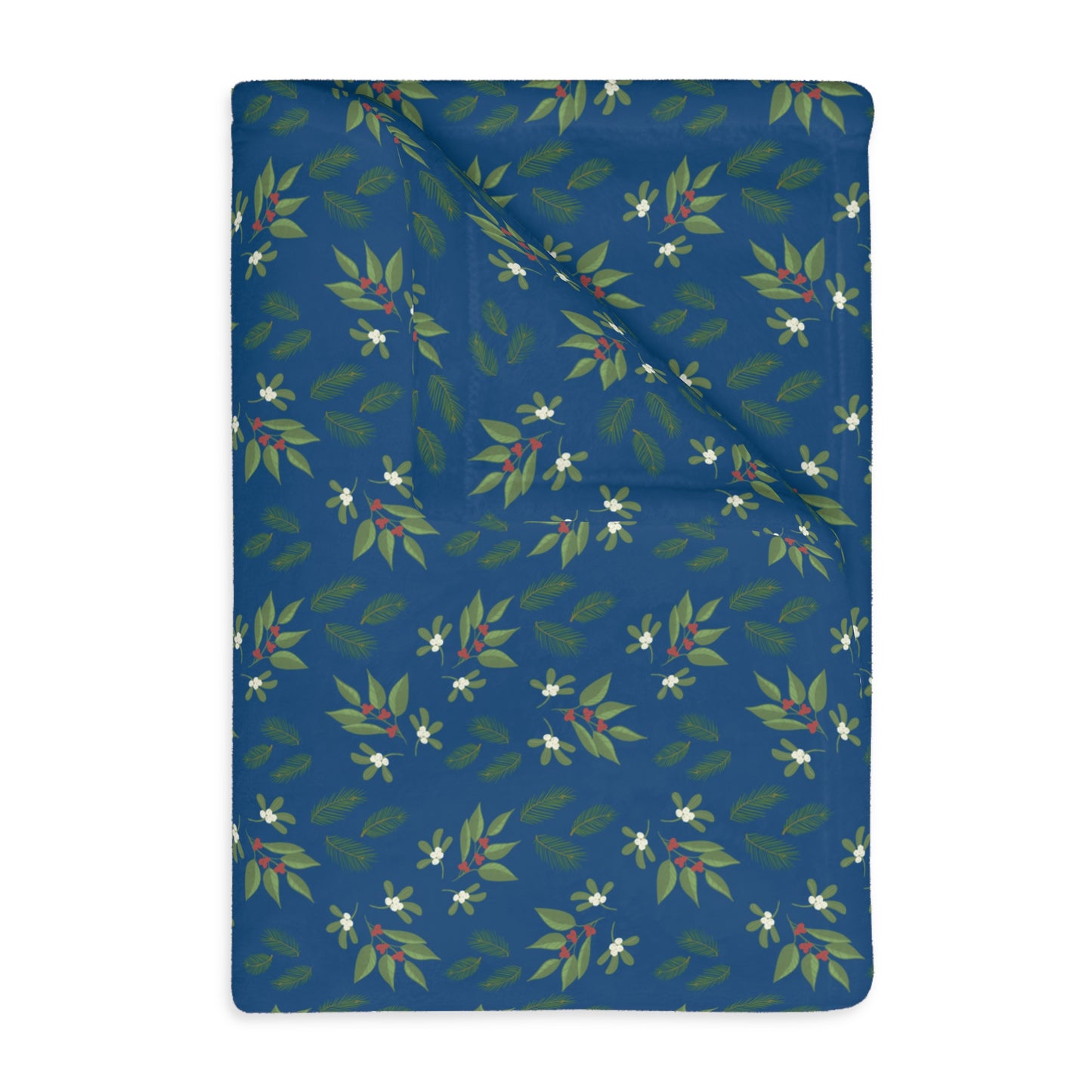 Velveteen Microfiber Blanket (Two-sided print) - Mistletoe, Berries and Sprigs, Dark Blue