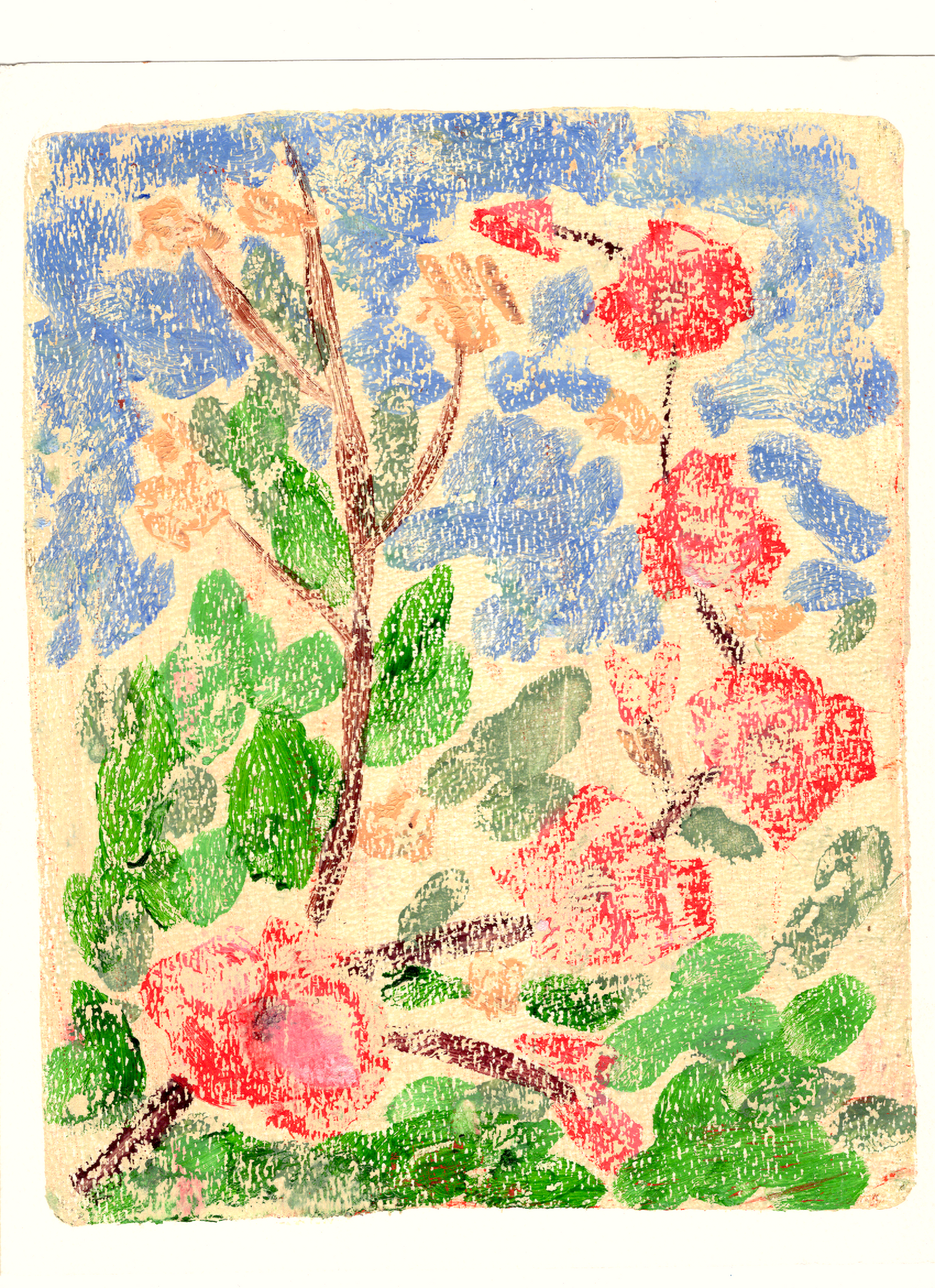 A Monotype Print with abstract green for grass, blue for sky and coral red for blossoms on brown stems.