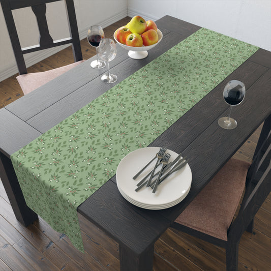 Table Runner - Mistletoe, Berries and Sprigs, Sage (Cotton, Poly)