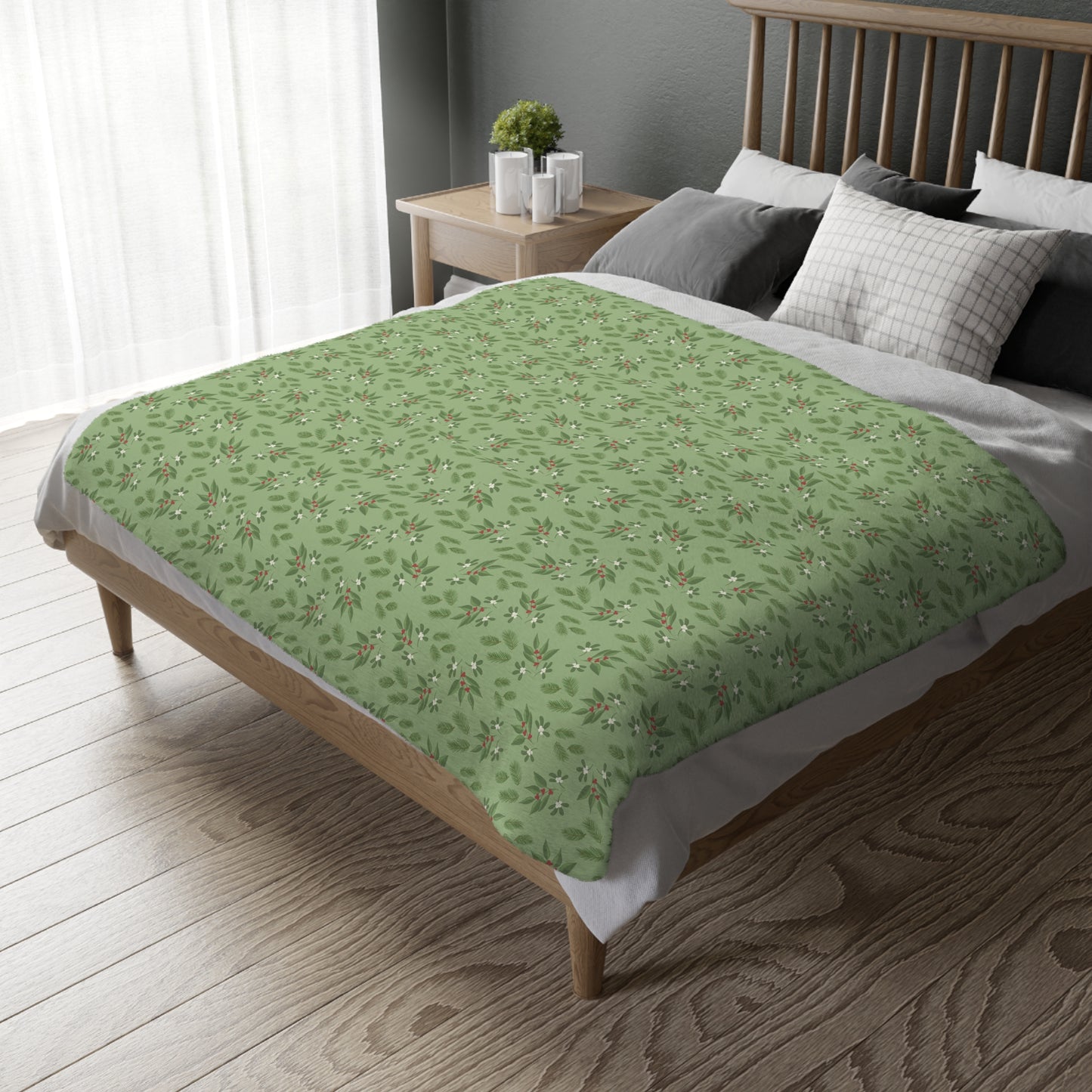 Velveteen Microfiber Blanket (Two-sided print) - Mistletoe, Berries and Sprigs, Sage