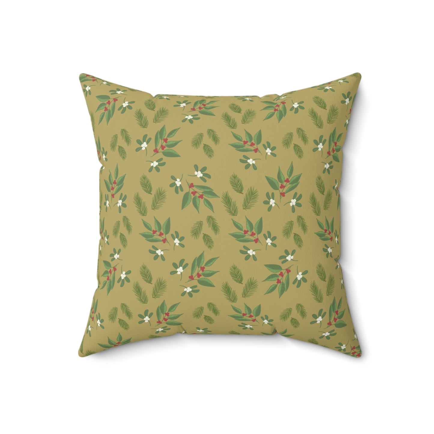 Spun Polyester Square Pillow - Mistletoe, Berries and Sprigs, Gold