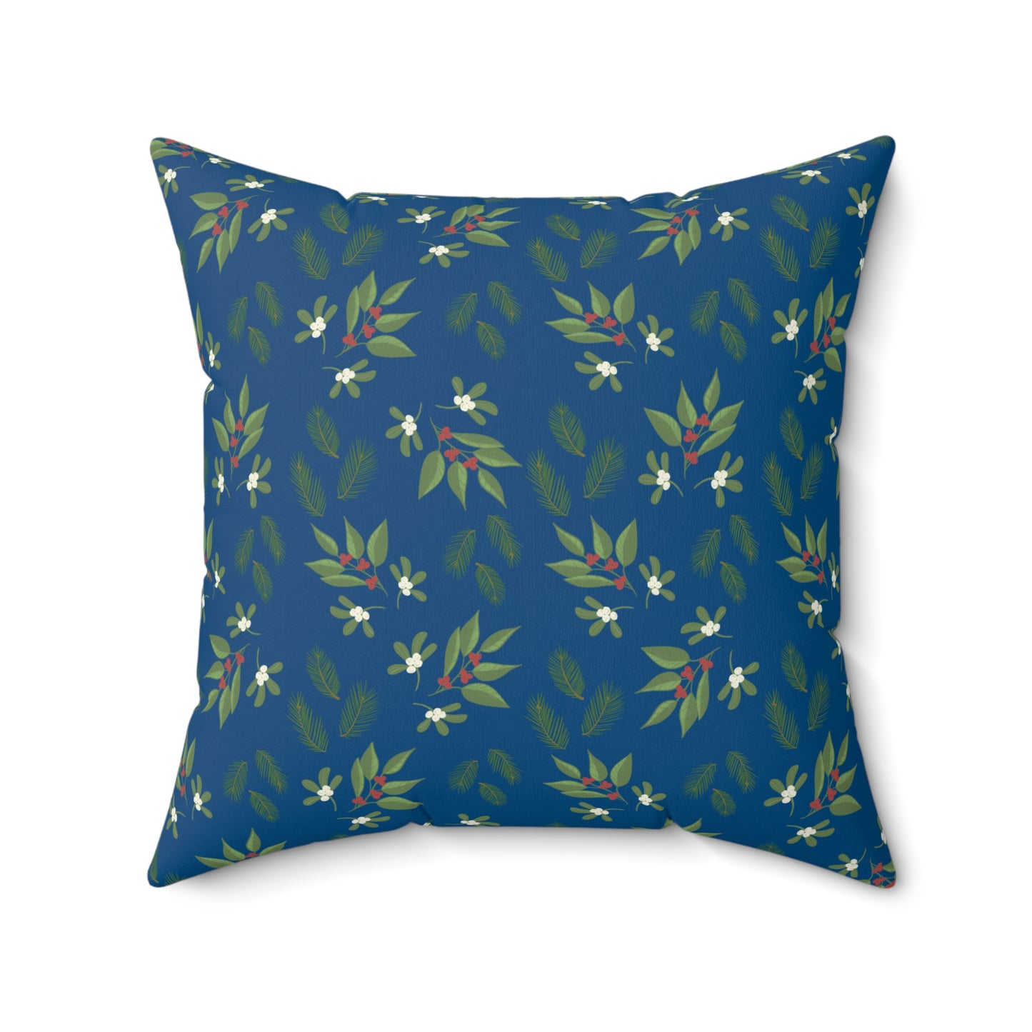 Spun Polyester Square Pillow - Mistletoe, Berries and Sprigs, Dark Blue