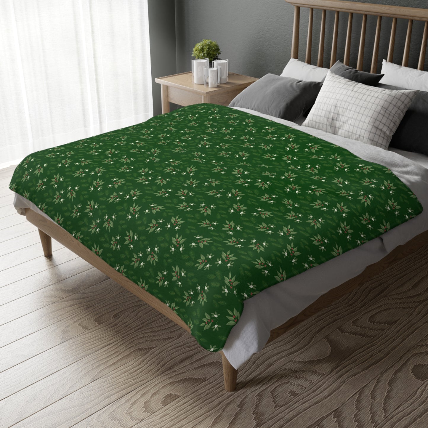 Velveteen Microfiber Blanket (Two-sided print) - Mistletoe, Berries and Sprigs, Emerald