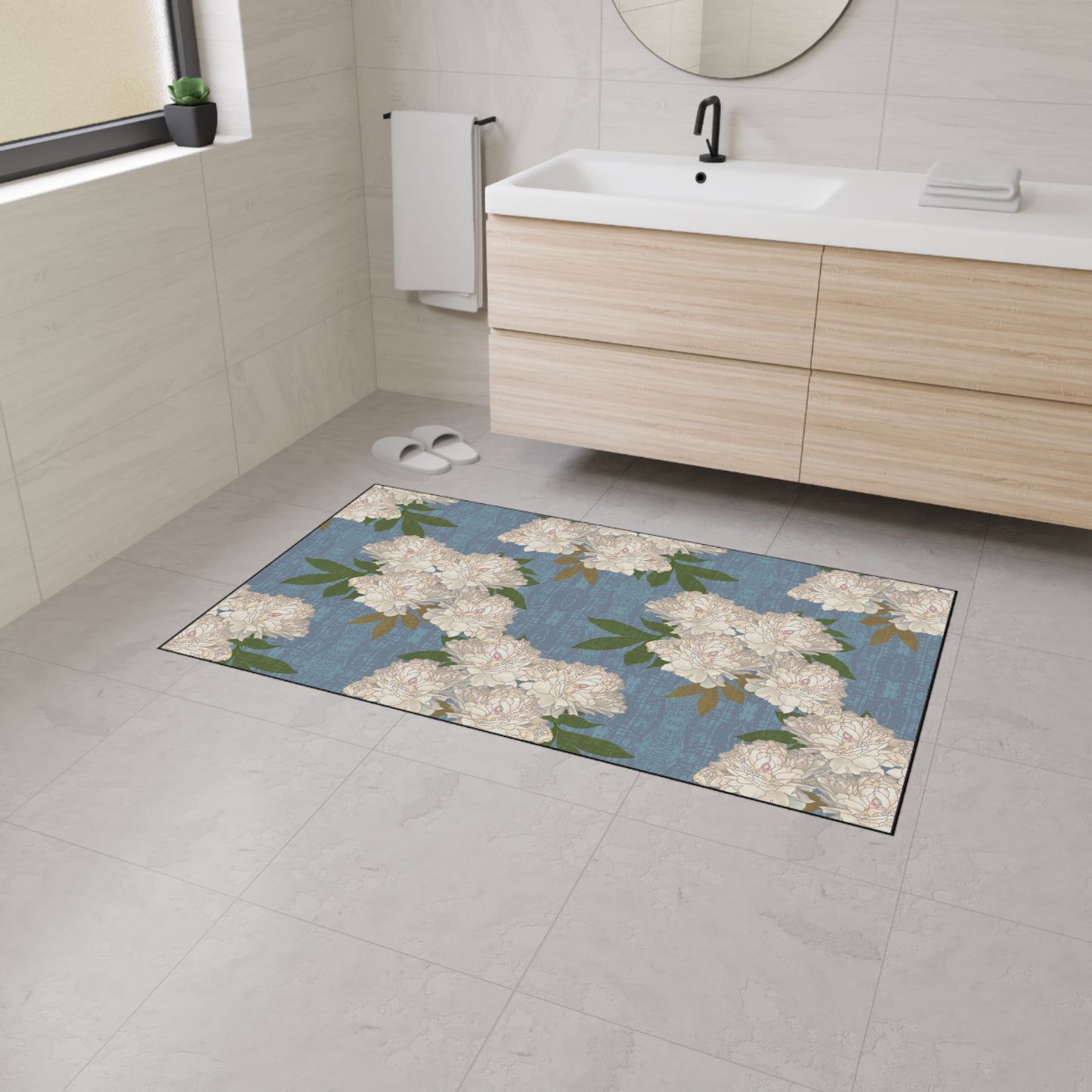 Stylish Heavy Duty Floor Mat, Featuring Rachel's Peonies© in Cornflower Blue. Durable & Elegant Home Decor, Entryway Rugs, Kitchen Mats, Floral Pattern, Versatile & Functional