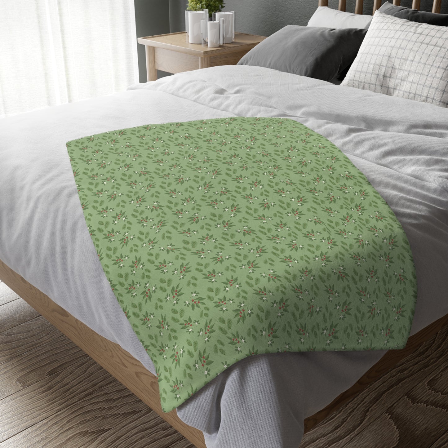 Velveteen Microfiber Blanket (Two-sided print) - Mistletoe, Berries and Sprigs, Sage