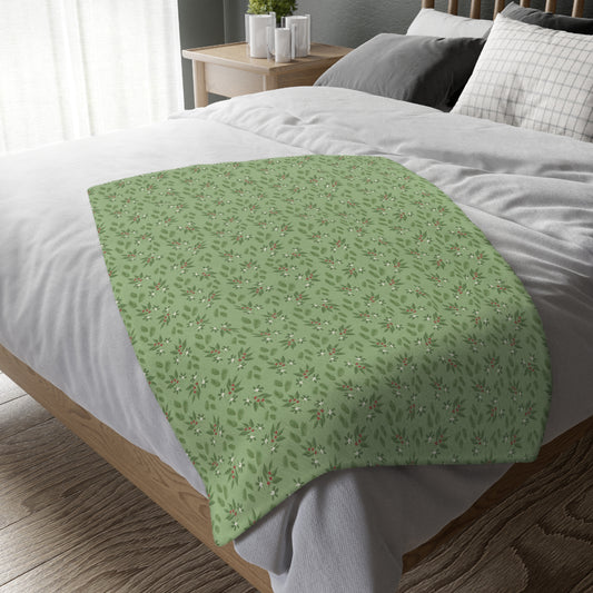 Velveteen Microfiber Blanket (Two-sided print) - Mistletoe, Berries and Sprigs, Sage