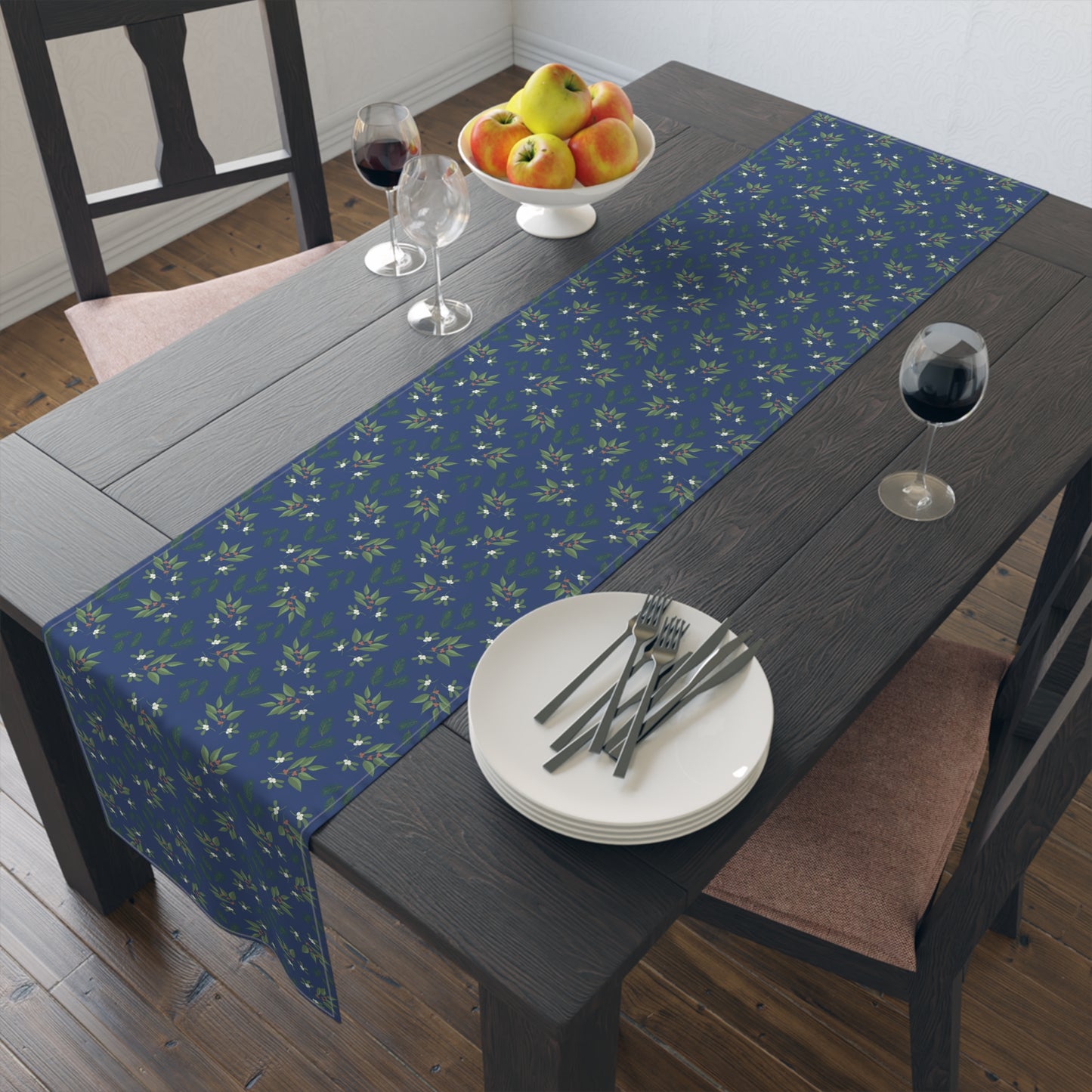 Table Runner - Mistletoe, Berries and Sprigs, Blue (Cotton, Poly)