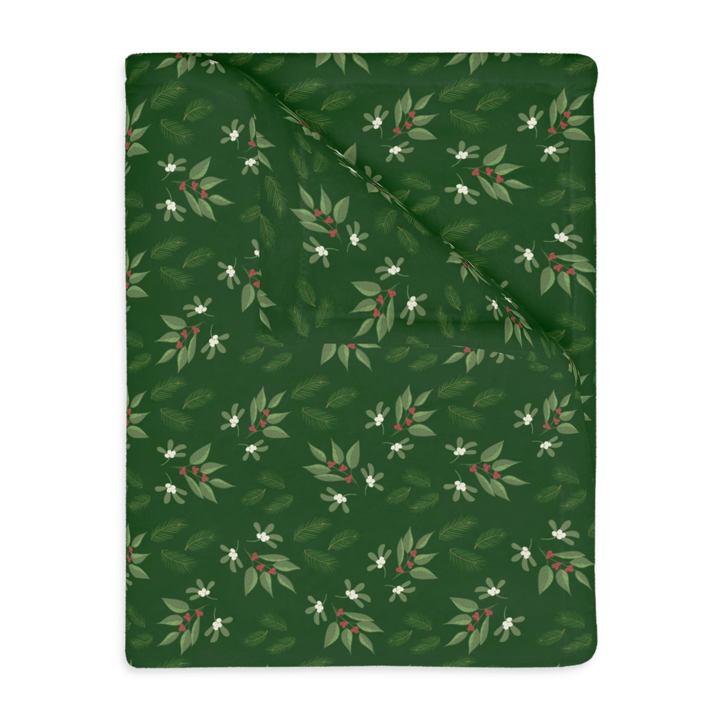 Velveteen Microfiber Blanket (Two-sided print) - Mistletoe, Berries and Sprigs, Emerald