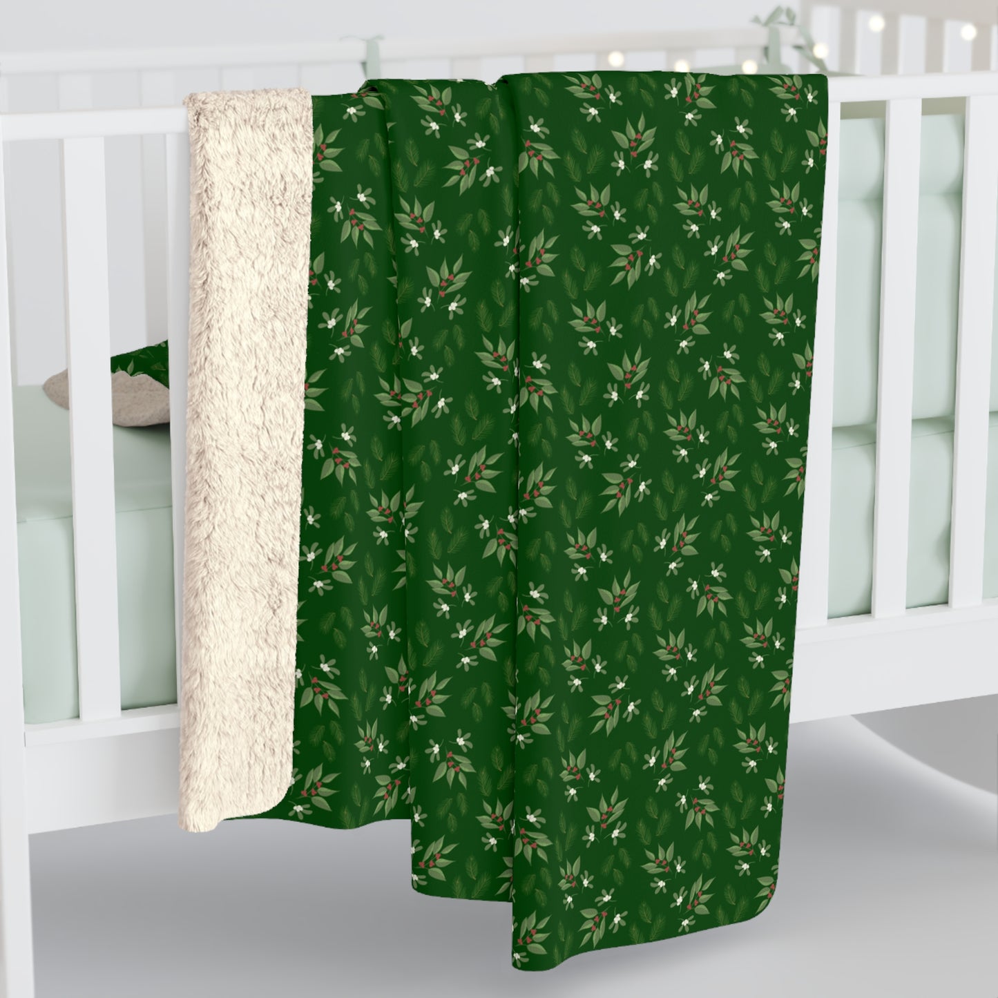 Sherpa Fleece Blanket - Mistletoe, Berries and Sprigs, Emerald